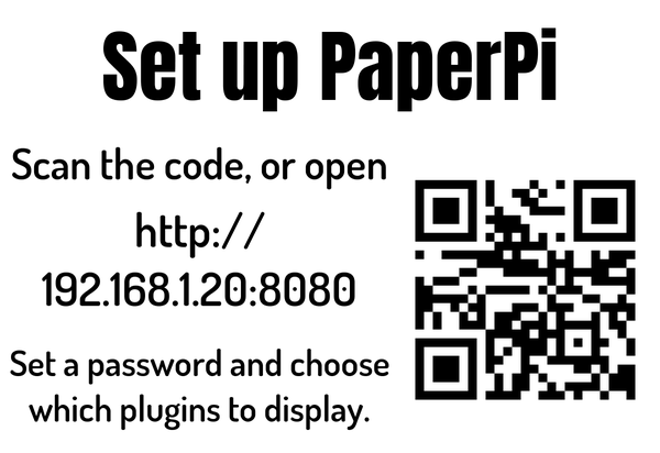 The set-up screen: "Set up PaperPi", the web address and a QR code