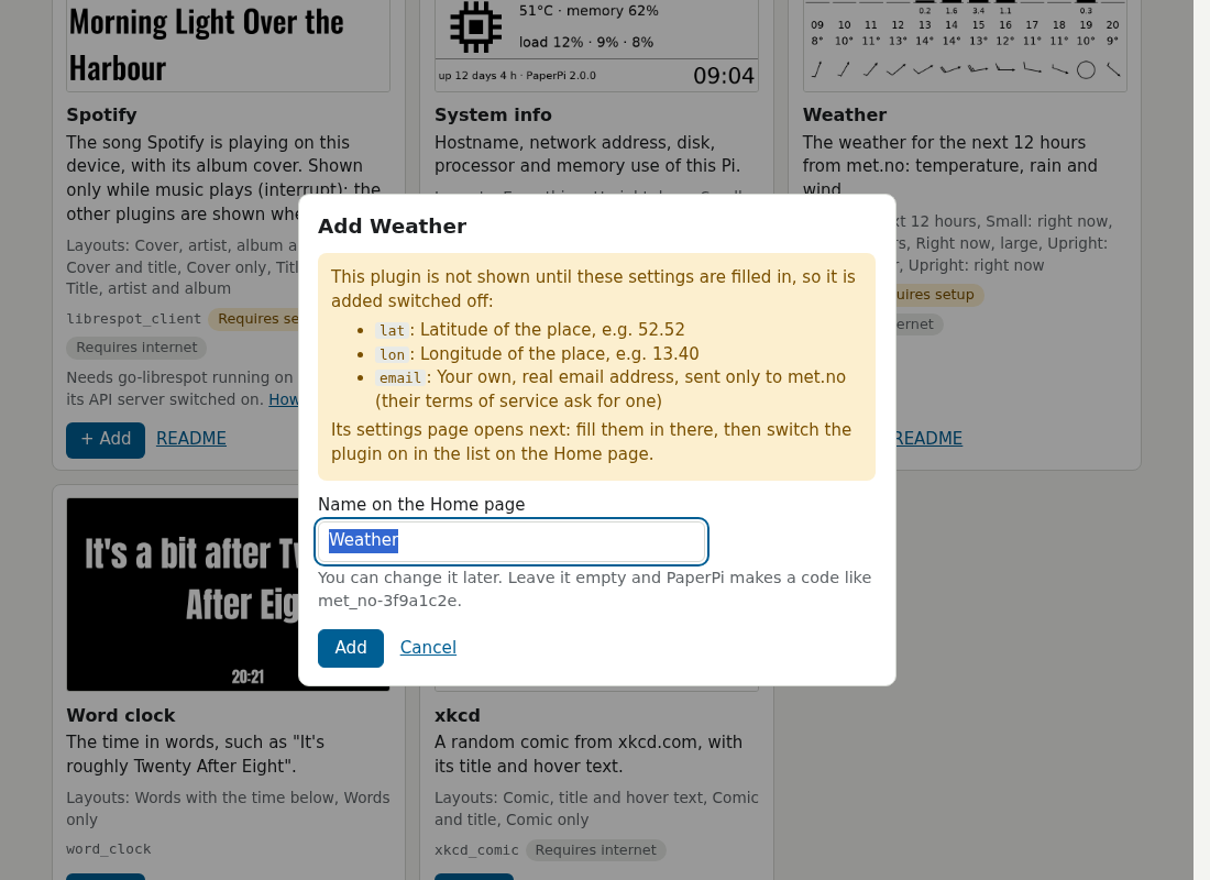 The Add window of the Weather plugin: what needs filling in, and the name