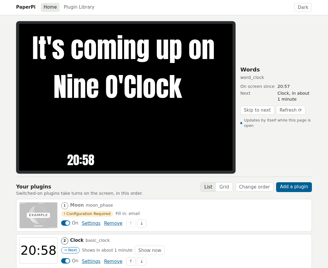 The Home page of PaperPi's web interface
