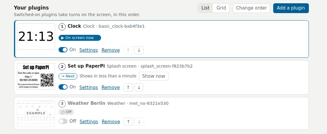Your plugins on Home: Clock, Set up PaperPi, and Weather Berlin switched off