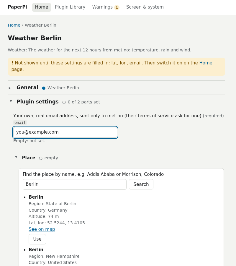 Plugin settings: the email filled in, and the search for "Berlin" with its results
