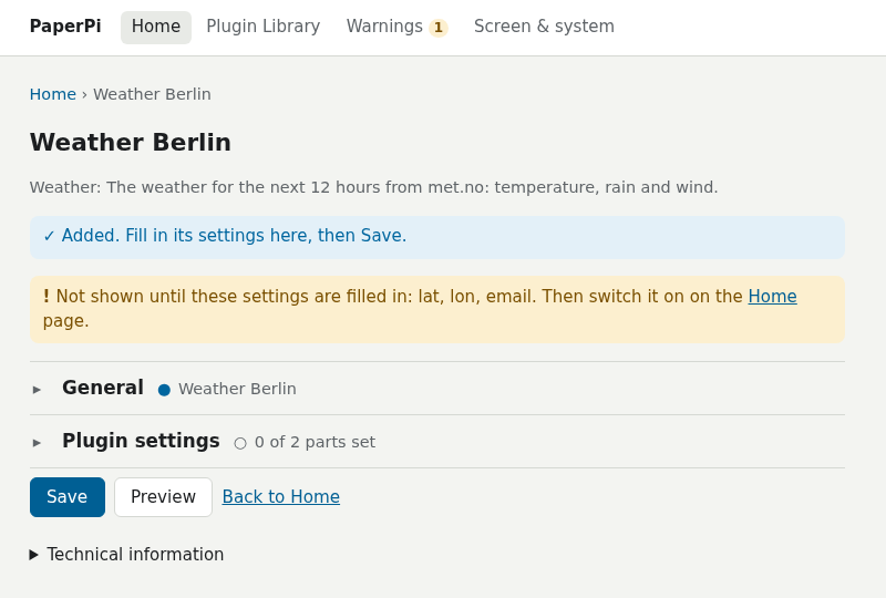 The Settings page of a new Weather plugin: lat, lon and email still missing