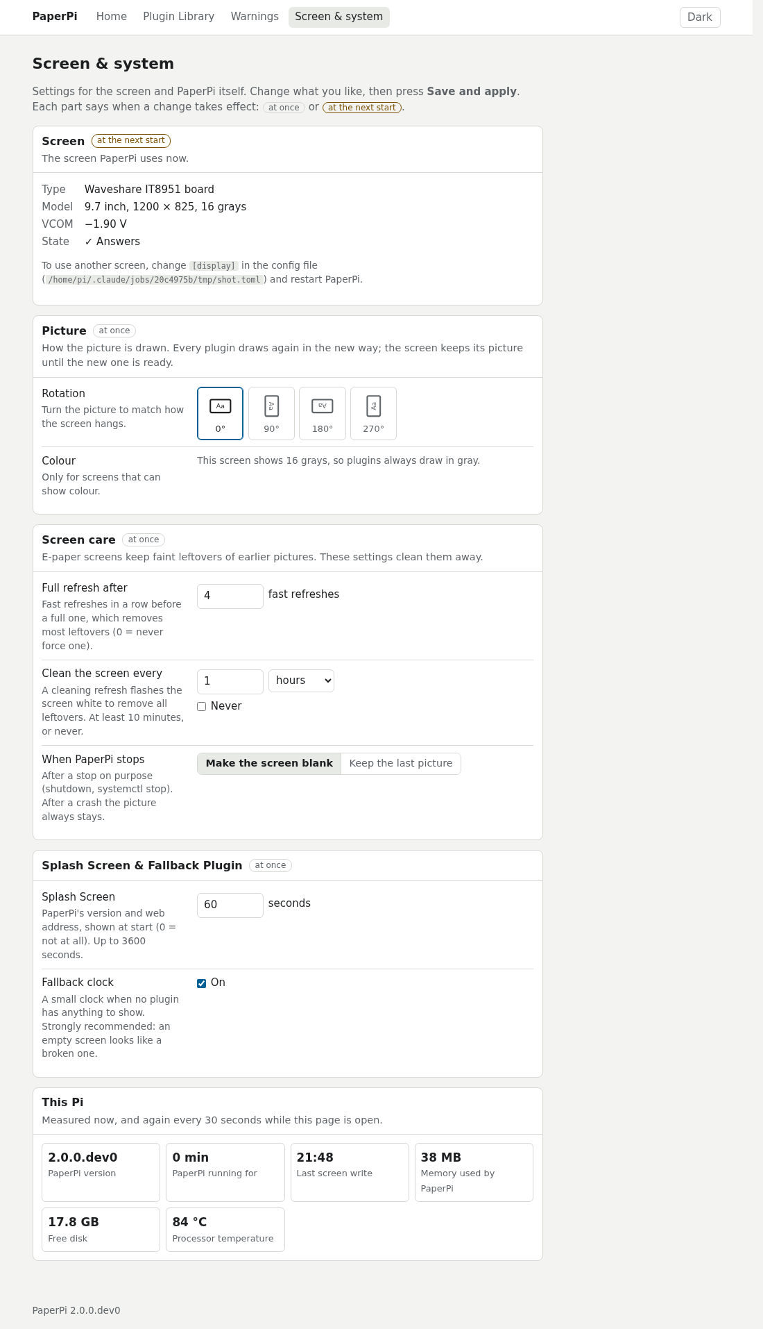 The Screen & system page